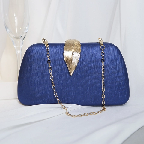 Women Evening Clutch Bag Elegant Satin Texture Hard Shell Handbag Metal Leaf Buckle Chain Strap For Wedding Party Banquet