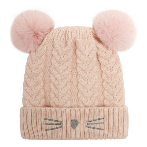 Berretto In Maglia Per Neonati Con Pompon Ricamo Gatto Foderato In Pile Inverno Caldo Beanie Per Bambini