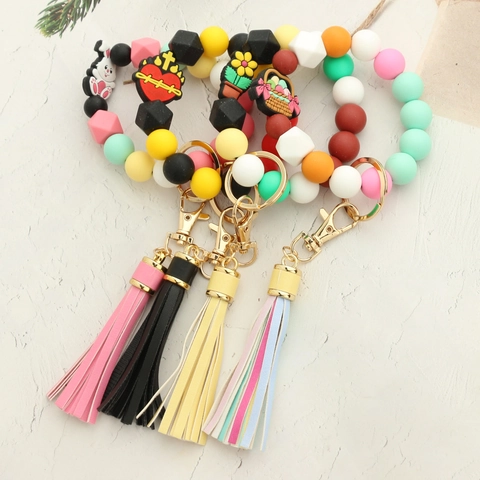 Portachiavi Bracciale In Perline Di Silicone Con Nappa In Pelle PU Croce Coniglio Ciondoli Per Donne Regalo Di Pasqua Pendente Borsa