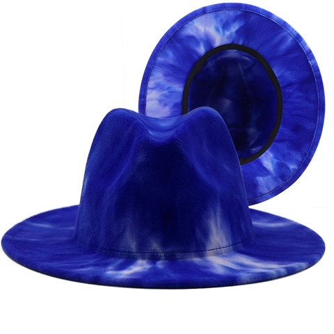 Cappello Fedora In Feltro Di Lana Tie-Dye Tesa Larga Piatta Cappello Jazz Moda Viaggio Vacanze Unisex