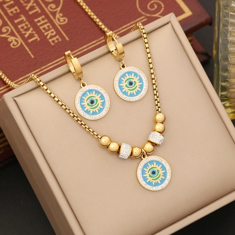 Set Gioielli Malocchio Oro Acciaio Inossidabile Strass Smalto Collana Orecchini Bracciale Stile Individuale Elegante