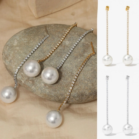 Eleganti Orecchini Lunghi In Acciaio Inossidabile Con Zircone Catena Verticale Perla Artificial Sintetica Gioielli Impermeabili Donna