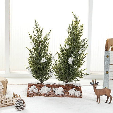 Mini Albero Di Natale Decorazione Tavola Innevato Doppio Albero Base Legno Con Pigne Bacche Decorazione Casa