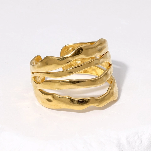 18K Gold Plated Stainless Steel Ring Irregular Hammered 4 Layer Adjustable Open Band Jewelry For Women