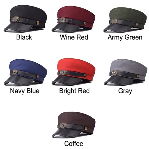 Berretto Militare Vintage Flat Top Cotone Tesa Pelle PU Distintivo Pentagramma Stile Britannico Punk Cappello Outdoor