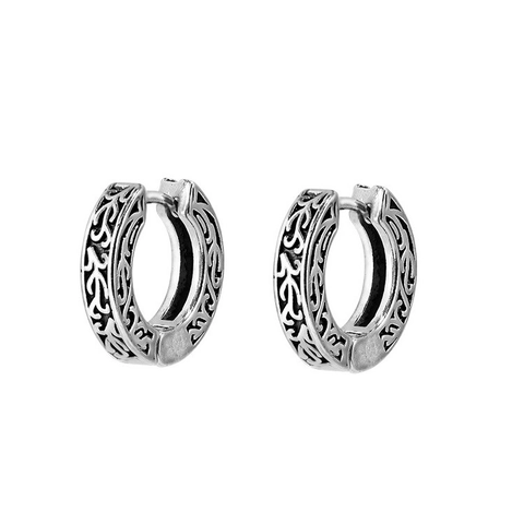 Vintage Stainless Steel Patterned Hoop Earrings Retro Carved Huggie Ear Clips Punk Street Jewelry For Men