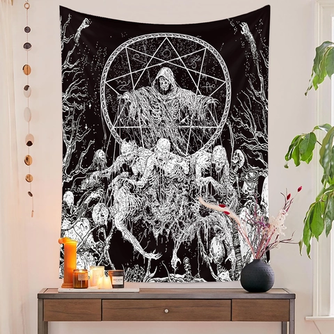 Gothic Tapestry Wall Hanging Black And White Skeleton Grim Reaper Occult Mystery Polyester Fabric Aesthetic Home Decor