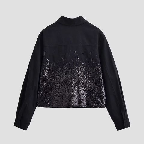 Dames Zwarte Pailletten Jas Lange Mouwen Reverskraag Rits Mode Casual Bovenkleding Polyester Mantel
