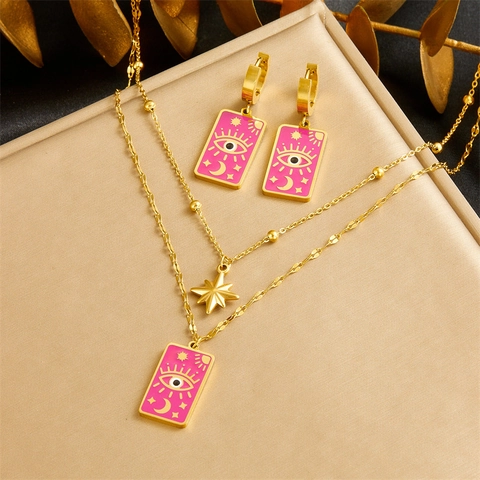 Collana E Orecchini Tarot Evil Eye In Acciaio Inossidabile Smalto Rosa A Strati Stella Luna Vintage Boho Per Donne