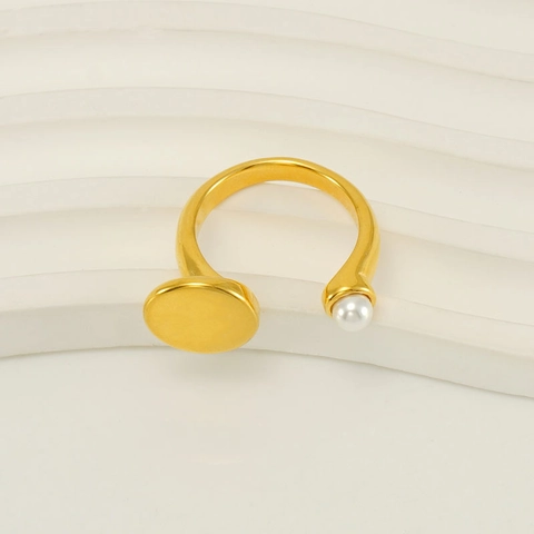Edelstahl Offener Verstellbarer Ring Mit Künstliche Perle Und Rundem Teller Für Frauen Minimalistisch Vergoldet Eleganter Schmuck
