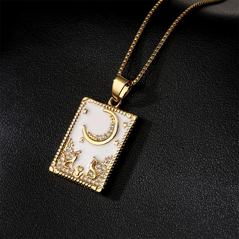 Collana Pendente Rame Placcato Oro 18K Smalto Stile Tarocchi Luna Stella Motivo Animale Con Zircone Per Donne Retro