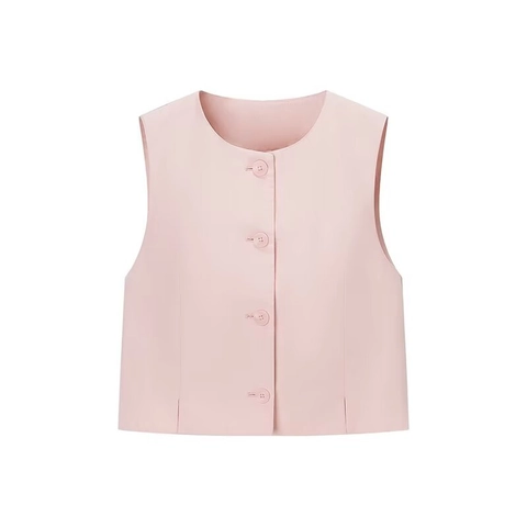 Women Pink Sleeveless Round Neck Vest And High Waist Wide Leg Pants Set Casual Summer Polyester Elegant Street Clothing