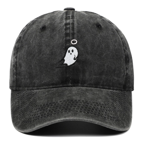 Ghost Embroidery Washed Cotton Baseball Cap Vintage Distressed Adjustable Outdoor Sun Hat Unisex