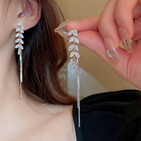 Boucles Oreilles Pendantes Gland Épi Blé Zircon Alliage Avec Tige En Argent Sterling 925 Bijoux Longue Feuille Femmes