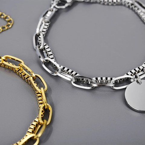 Double Layered Stainless Steel Bracelet Round Disc Pendant Paperclip And Box Chain Minimalist Unisex Jewelry
