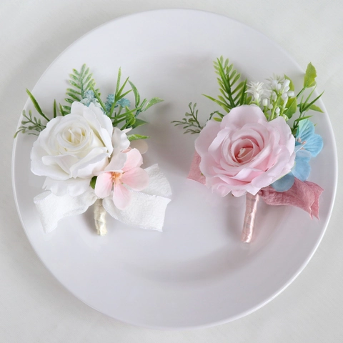 Wedding Boutonniere Artificial Satin Rose Flower Wrist Corsage For Groom Bride Bridesmaid Handmade European Style