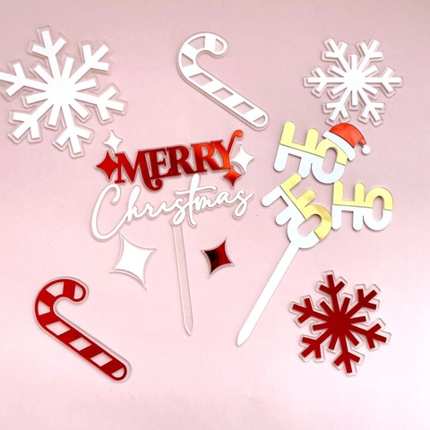Acrylic Christmas Cake Topper Merry Christmas HOHOHO Snowflake Candy Cane Letters Cake Insert Dessert Decoration Holiday Party Supplies