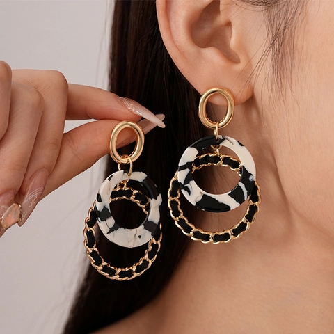 Geometric Double Circle Pendant Earrings Alloy Resin Leather Woven With 925 Sterling Silver Earring Post Retro For Women