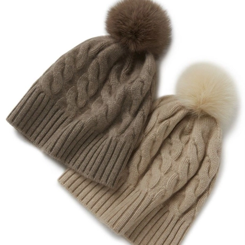 Gorro De Punto De Invierno Para Mujer Trenzado Grueso Cálido Resistente Al Viento Con Pompon De Piel Sintética Desmontable Casual