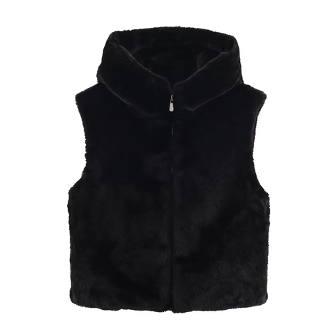 Women Faux Fur Hooded Vest Zipper Sleeveless Jacket Solid Color Winter Warm Waistcoat Casual Plush Outerwear