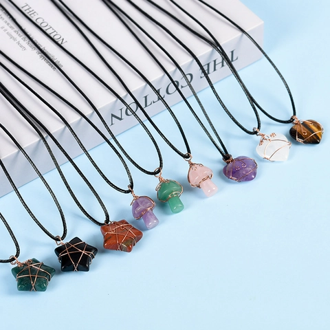 Natural Crystal Gemstone Pendant Necklace Handmade Wire Wrapped Healing Stone Star Heart Mushroom Shape Bohemian Jewelry