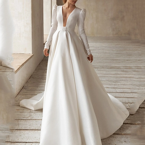 Abito Da Sposa In Raso Bianco Scollo A V Profondo Manica Lunga A Sbuffo Elegante Abito Lungo Con Cintura Per Donna