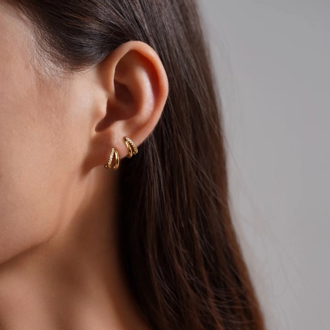 Gold Double Layer Hoop Earrings Copper Brass Gold Plated Pave Zircon Crossover Ear Cuff Elegant Jewelry For Women