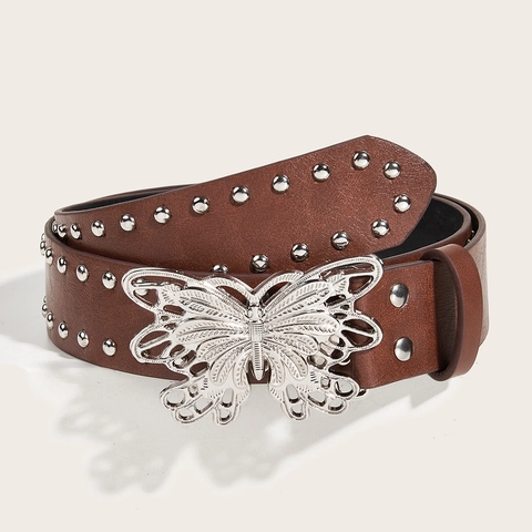 Cintura da Donna in Ecopelle alla Moda con Fibbia a Farfalla Argento e Borchie Stile Punk per Jeans Accessori Casual