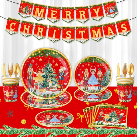 Cascanueces Navidad Vajilla de Fiesta Desechable Platos de Papel Vasos Servilletas Mantel Banner Cubiertos de Plástico Oro Decoración
