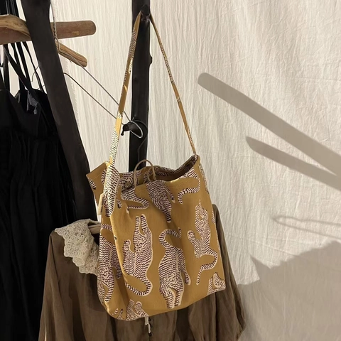Tiger Print Cotton Canvas Tote Bag Retro Mustard Yellow Shoulder Handbag Crossbody Purse For Women
