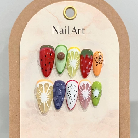 Handgemachte Obst Press On Nägel 3D Geprägt Sommer Frisch Mandel Künstliche Nägel Lange Maniküre Tips