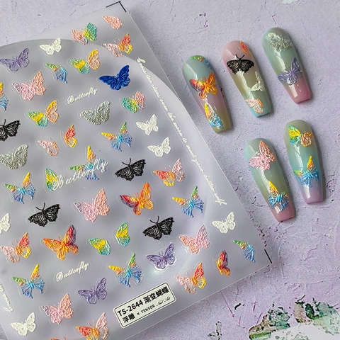 Autocollants Art Ongles Papillon Relief 5D PET Auto-Adhésifs 3D Dégradé Coloré Décoration Manucure DIY Pour Femmes