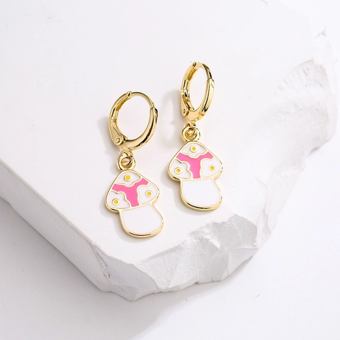 Pendientes De Aro De Champiñón Cobre Chapado En Oro Esmalte Corazón Colgante Joyas Lindas Para Mujeres