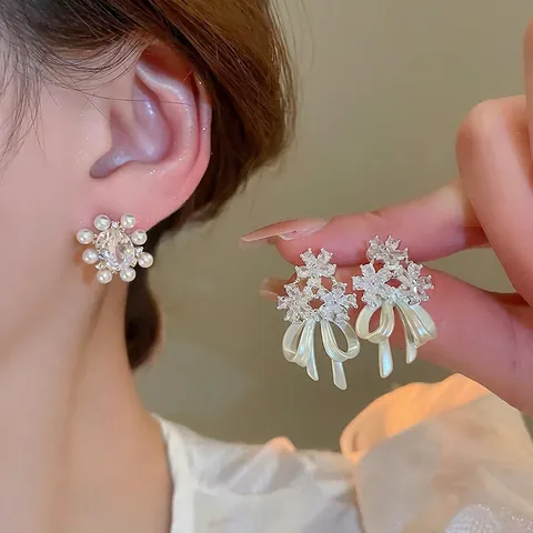 Pendientes De Botón Con Lazo De Flores Con Circón Perla Artificial De Imitación Y Poste De Plata Esterlina 925 Elegante Moda Para Mujeres