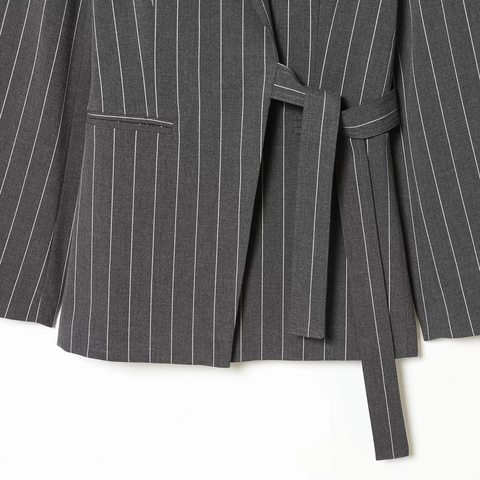 Dames Polyester Krijtstreep Blazer En Wijde Broek Zakelijk Kantoor Elegant Met Riem Lange Mouwen Outfits Grijs