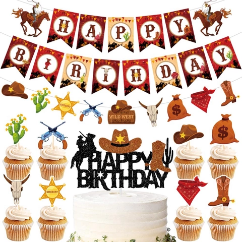 Decorazioni Per Feste Di Compleanno Cowboy Del West Carta Luccicante Banner Topper Per Torte Forniture Per Eventi