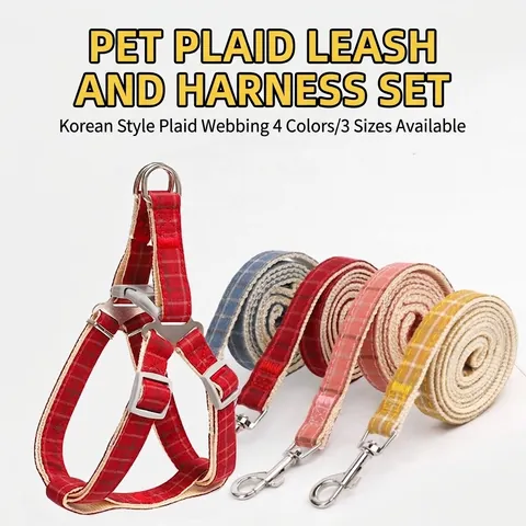 Adjustable Dog Harness And Leash Set Plaid Cotton Imitation Nylon Escape Proof British Style Outdoor Walking Pet Supplies