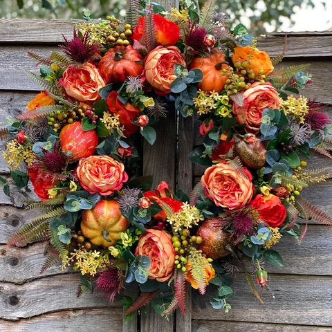 Artificial Fall Wreath With Pumpkin Rose Berries Leaves Autumn Thanksgiving Harvest Front Door Wall Hanging Decor