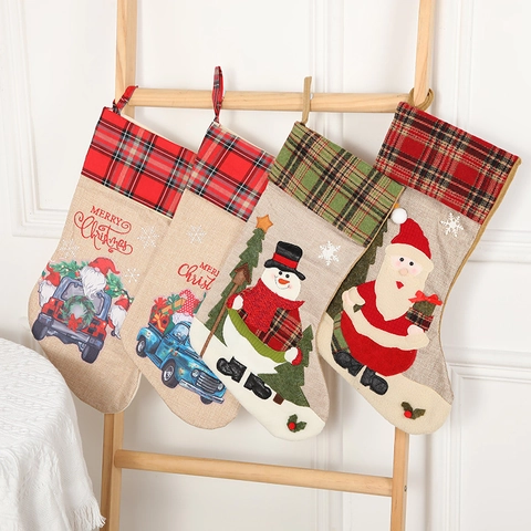 Large Christmas Stocking Burlap Plaid Cuff Xmas Sock Hanging Decoration Gnome Santa Snowman Retro Truck Gift Bag