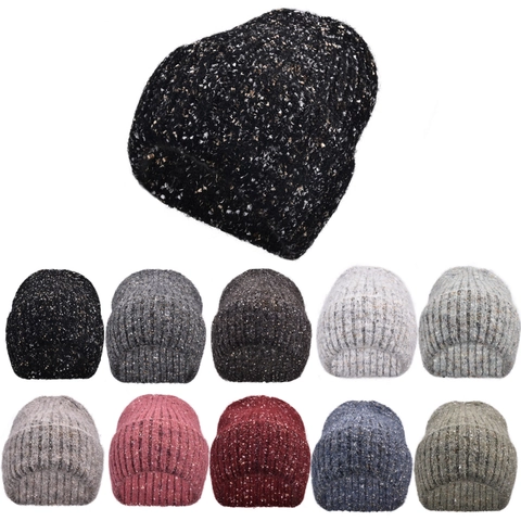 Berretto Invernale Da Donna In Maglia A Costine Caldo Acrilico Picchiettato Tweed Con Risvolto Versatile