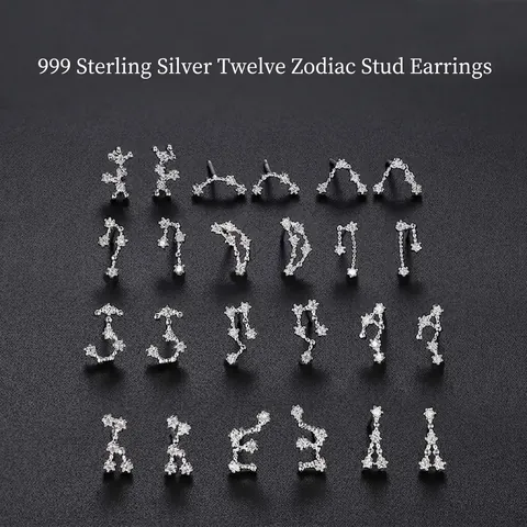 999 Sterling Silver Zodiac Constellation Stud Earrings Minimalist Dainty Cubic Zirconia Jewelry For Women Girls