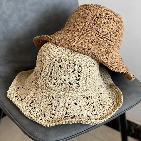 Cappello Da Pescatore Da Donna In Paglia Intrecciata A Mano Motivo Floreale Traforato Tesa Ondulata Protezione Solare Spiaggia