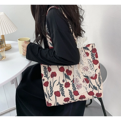 Große Kapazität Canvas Tragetasche Für Frauen Mit Spitze Bogen Dekoration Bedruckte Schulter Handtasche Vintage Süß Floral