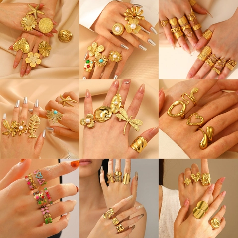 Stainless Steel 18K Gold Plated Adjustable Open Ring Heart Starfish Flower Exaggerated Ins Style Vintage Jewelry Women