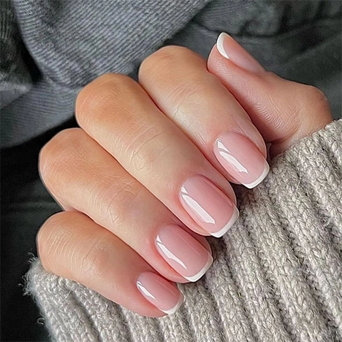 Unghie Finte Press On French Tip Corte Quadrate Rosa Nude Bordo Bianco Lucide Per Donne Manicure
