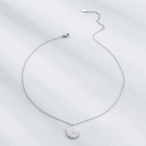 Collar Con Colgante Redondo Acero Inoxidable Good Fortune Grabado Circonita Estrás Cadena De Clavícula Para Mujer Estilo Minimalista
