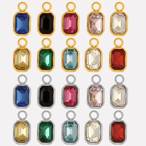Rectangular Gemstone Charms Pendants 304 Stainless Steel Glass Rhinestone 18K Gold Plated Faceted Geometric DIY Jewelry Making Colorful Accessories