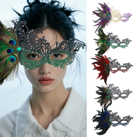 Lace Masquerade Mask With Peacock Feathers And Rhinestones Elegant Venetian Eye Mask For Women Party Costume Accessory