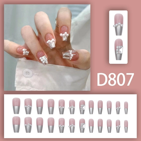 French Style Press On Nails Silver Mirror Tips Pink Base Artificial Pearl Rhinestone Elegant Long Square Artificial Nails