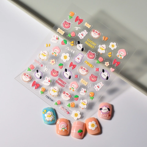 Stickers Ongles Relief 5D Graffitis Dessins Animés Mignons Autocollants 3D Étanche Décoration Manucure DIY Lapin Ours